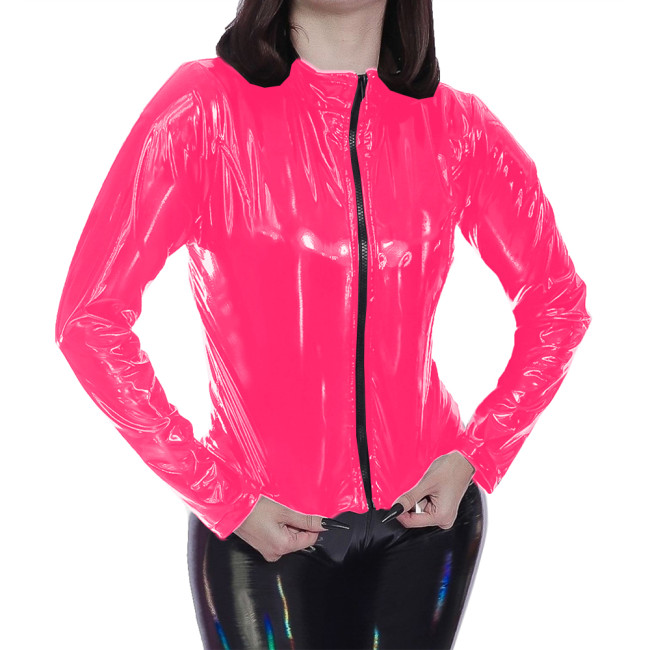 Laser Wet Look PVC Long Sleeve Jackets Glossy Patent Leather Zipper Stand Collar Coats Womens Solid Color Punk Tops Clubwear 7XL