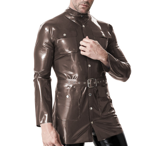 Mens Wetlook PVC Leather Jacket Male Fetish Turtleneck Pocket Long Sleeve Belted Coat Glossy Faux Latex-like Party Tops Clubwear
