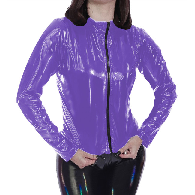 Laser Wet Look PVC Long Sleeve Jackets Glossy Patent Leather Zipper Stand Collar Coats Womens Solid Color Punk Tops Clubwear 7XL