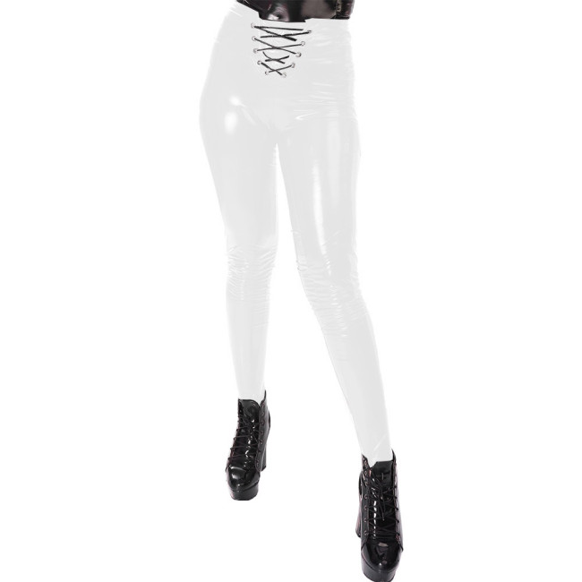 High Waist Fashion Lace-up Front Shiny PVC Leather Leggings for Womens Glossy Slim Pencil Pants Office Lady Trousers Clubwear