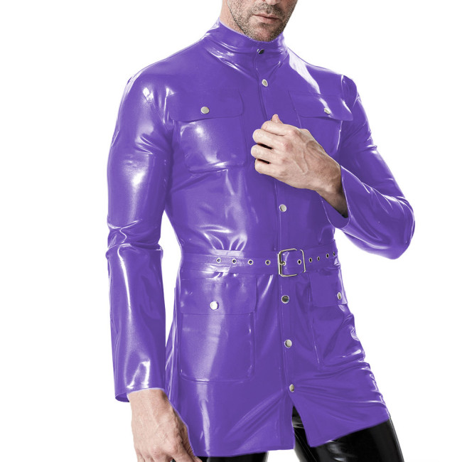 Mens Wetlook PVC Leather Jacket Male Fetish Turtleneck Pocket Long Sleeve Belted Coat Glossy Faux Latex-like Party Tops Clubwear