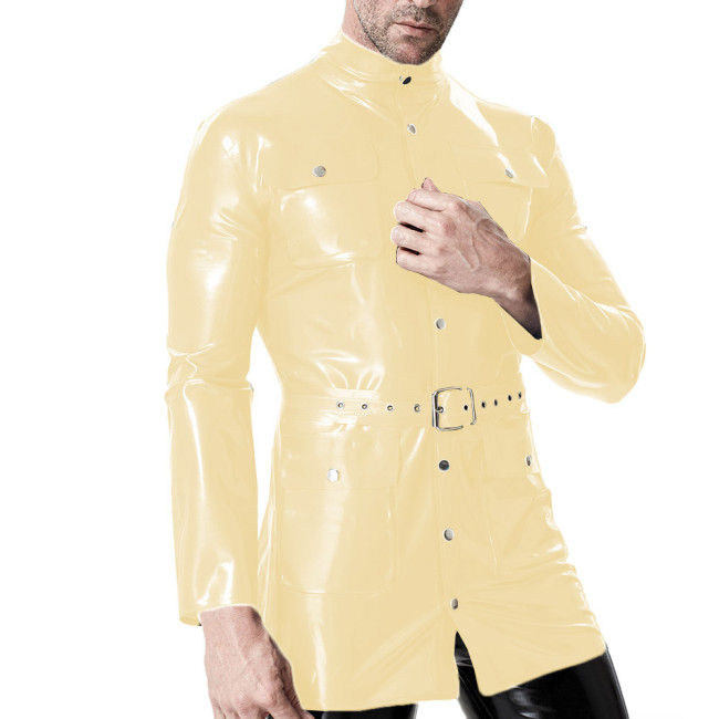 Mens Wetlook PVC Leather Jacket Male Fetish Turtleneck Pocket Long Sleeve Belted Coat Glossy Faux Latex-like Party Tops Clubwear