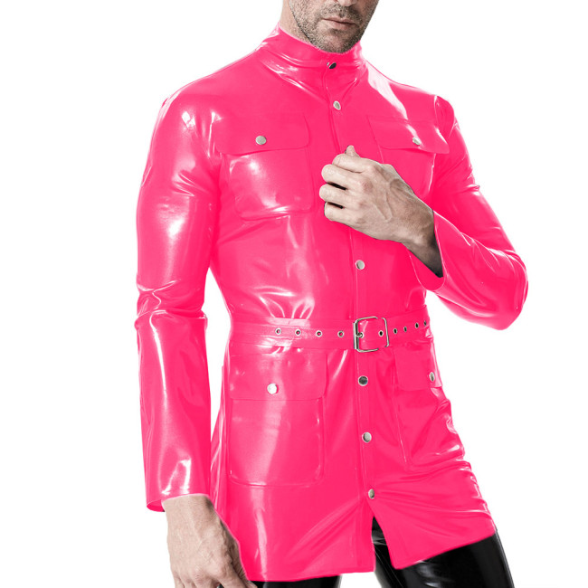 Mens Wetlook PVC Leather Jacket Male Fetish Turtleneck Pocket Long Sleeve Belted Coat Glossy Faux Latex-like Party Tops Clubwear