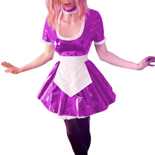 Womens Glossy PVC Leather Short Sleeve Maid Uniforms Wetlook Party Maid Cosplay Costume Ruffles U Neck A-line Maid Dress Outfits