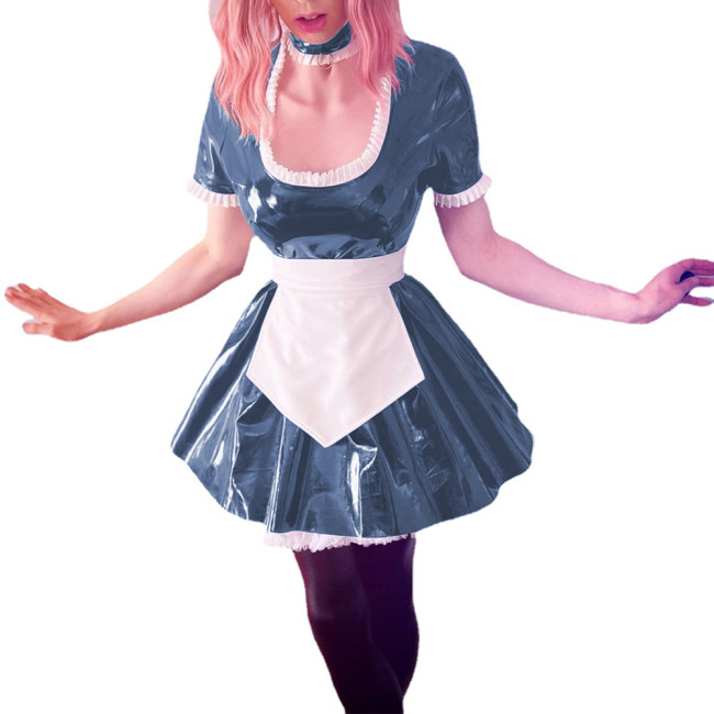 Womens Glossy PVC Leather Short Sleeve Maid Uniforms Wetlook Party Maid Cosplay Costume Ruffles U Neck A-line Maid Dress Outfits