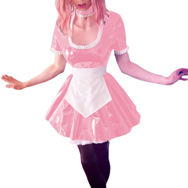 Womens Glossy PVC Leather Short Sleeve Maid Uniforms Wetlook Party Maid Cosplay Costume Ruffles U Neck A-line Maid Dress Outfits