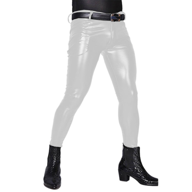 Fashion Mens PU Leather Tight Long Pants Party Night Club Costume Stretch Mid Waist Straight Trousers for Club Band Performance
