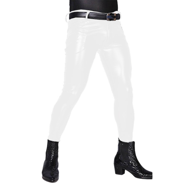 Fashion Mens PU Leather Tight Long Pants Party Night Club Costume Stretch Mid Waist Straight Trousers for Club Band Performance