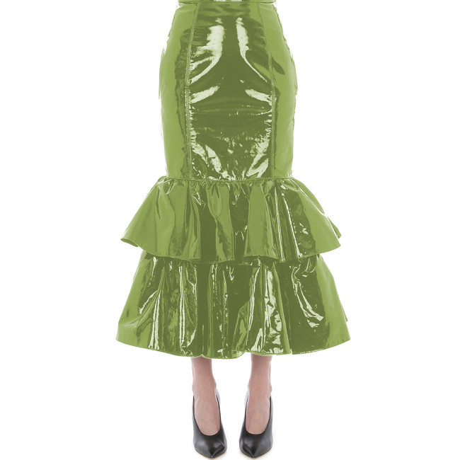 Women Solid Color Bodycon Midi Pencil Skirts Gothic Punk High Waist Shiny PVC Leather Skirts Elegant Double-Deck Ruffles Skirts