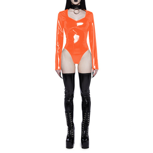 Fashion Vinyl PVC Leather Bodysuit for Women Long Sleeve Slim Sweetheart Collar One-Piece Rompers Tops Female Punk Big Size 7XL