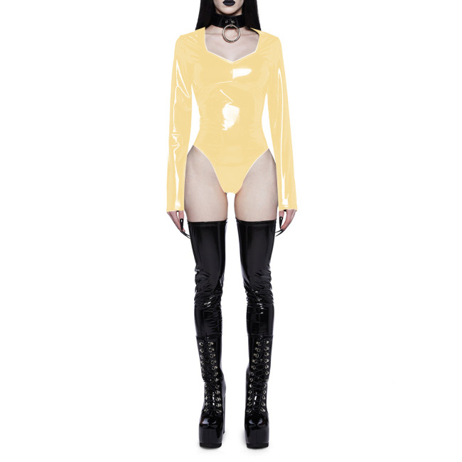 Fashion Vinyl PVC Leather Bodysuit for Women Long Sleeve Slim Sweetheart Collar One-Piece Rompers Tops Female Punk Big Size 7XL