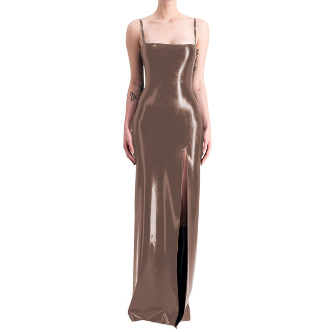 Women's Sexy Nightclub Bodycon Slit Long Dress Vinyl PVC Leather Suspender Slimming Maxi Dress Fashion Streetwear Dress Wetlook