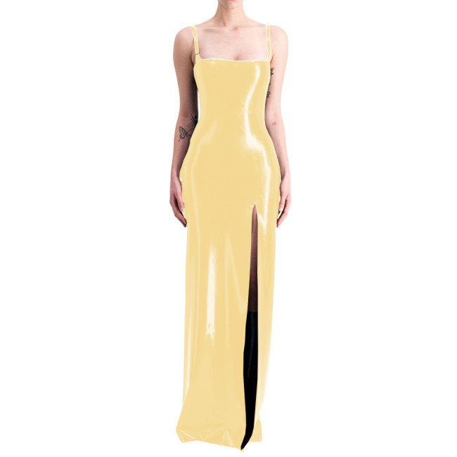 Women's Sexy Nightclub Bodycon Slit Long Dress Vinyl PVC Leather Suspender Slimming Maxi Dress Fashion Streetwear Dress Wetlook