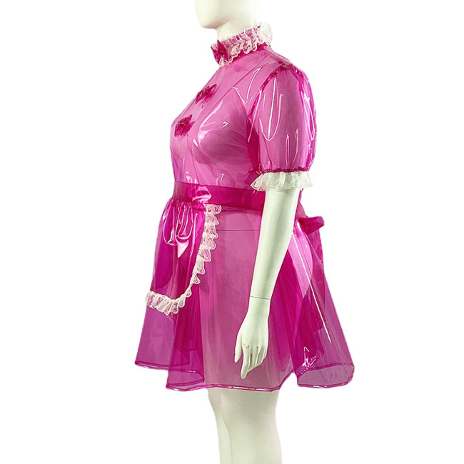 Plus Size Lockable Transparent PVC Short Sleeve Maid Dress with Apron Unisex Fetish Plastic A-line Pleated Maid Cosplay Uniforms