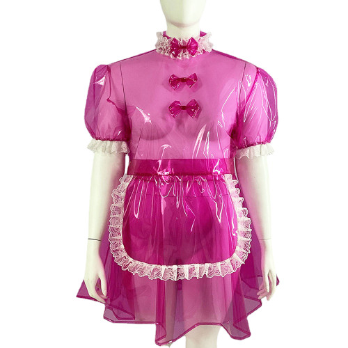 Plus Size Lockable Transparent PVC Short Sleeve Maid Dress with Apron Unisex Fetish Plastic A-line Pleated Maid Cosplay Uniforms