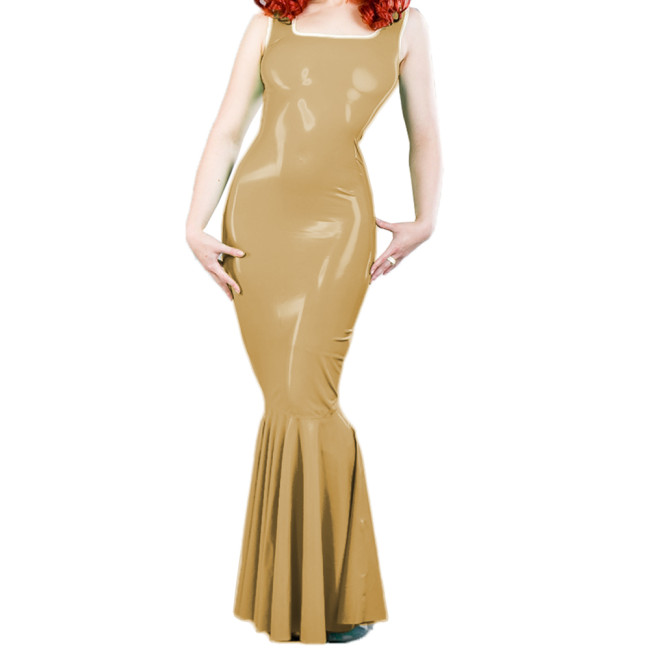 Sexy Evening Sleeveless Square Collar Slim Long Mermaid Dress for Women Party Wetlook PVC Leather Bodycon Ruffles Dress Clubwear