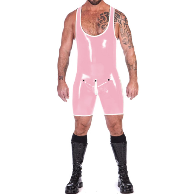 Mens Glossy PVC Leather Tank Leotard Punk Sleeveless One-piece Bodysuit Male U-neck Button Open Crotch Singlet Jumpsuit Clubwear