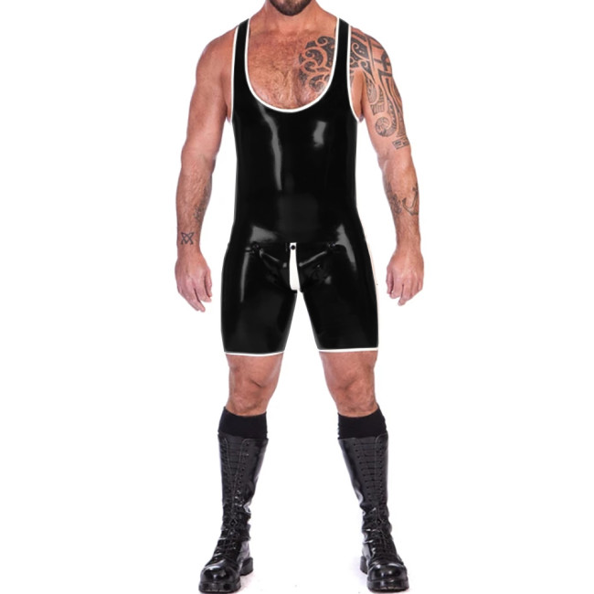 Mens Glossy PVC Leather Tank Leotard Punk Sleeveless One-piece Bodysuit Male U-neck Button Open Crotch Singlet Jumpsuit Clubwear