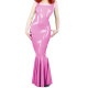 Sexy Evening Sleeveless Square Collar Slim Long Mermaid Dress for Women Party Wetlook PVC Leather Bodycon Ruffles Dress Clubwear