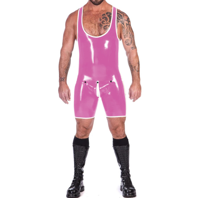 Mens Glossy PVC Leather Tank Leotard Punk Sleeveless One-piece Bodysuit Male U-neck Button Open Crotch Singlet Jumpsuit Clubwear