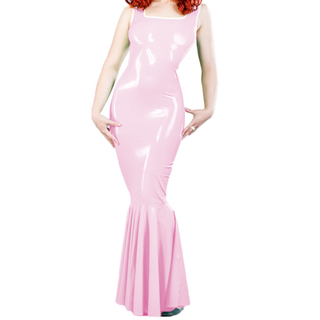 Sexy Evening Sleeveless Square Collar Slim Long Mermaid Dress for Women Party Wetlook PVC Leather Bodycon Ruffles Dress Clubwear