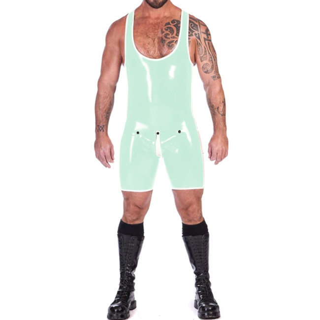 Mens Glossy PVC Leather Tank Leotard Punk Sleeveless One-piece Bodysuit Male U-neck Button Open Crotch Singlet Jumpsuit Clubwear