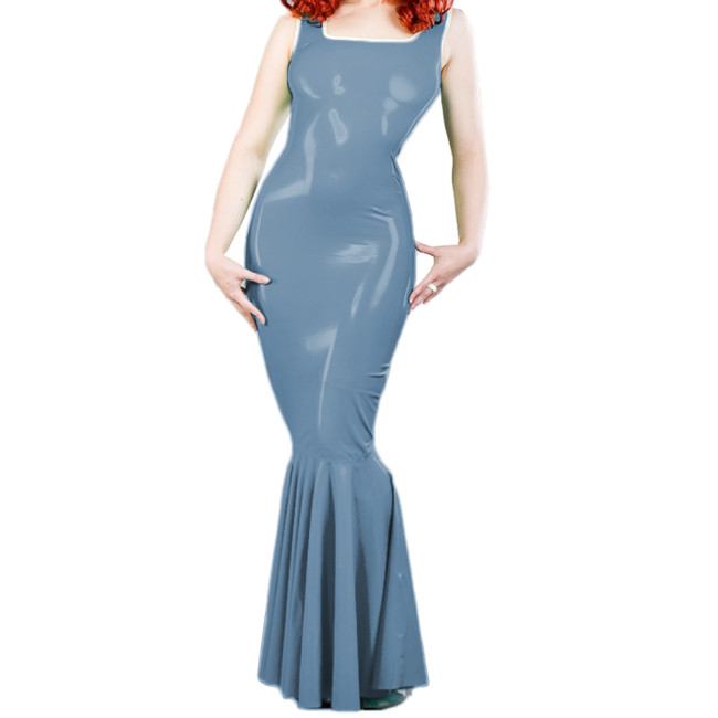 Sexy Evening Sleeveless Square Collar Slim Long Mermaid Dress for Women Party Wetlook PVC Leather Bodycon Ruffles Dress Clubwear