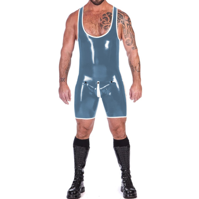 Mens Glossy PVC Leather Tank Leotard Punk Sleeveless One-piece Bodysuit Male U-neck Button Open Crotch Singlet Jumpsuit Clubwear