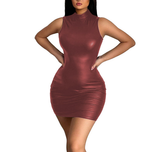 High Street Stretch Solid Color PU Mini Dress for Womens Sexy Sleeveless Short Club Dress Bodycon Matte Faux Leather Party Dress