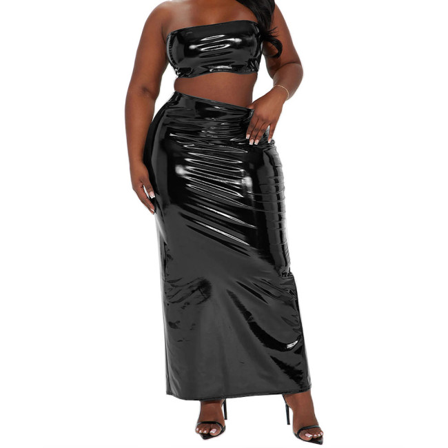 Sexy Women's Glossy PVC Leather Long Dress Sets Sleeveless Crop Corset Tops with High Waist Skirt 2-Piece Set Club Party Costume