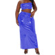 Sexy Women's Glossy PVC Leather Long Dress Sets Sleeveless Crop Corset Tops with High Waist Skirt 2-Piece Set Club Party Costume