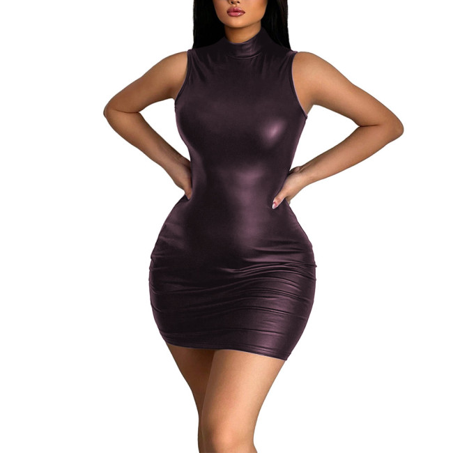 High Street Stretch Solid Color PU Mini Dress for Womens Sexy Sleeveless Short Club Dress Bodycon Matte Faux Leather Party Dress