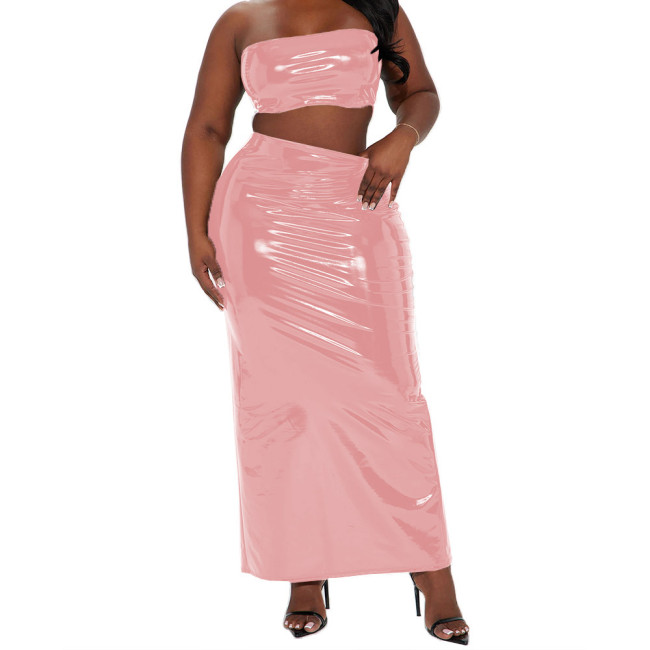 Sexy Women's Glossy PVC Leather Long Dress Sets Sleeveless Crop Corset Tops with High Waist Skirt 2-Piece Set Club Party Costume