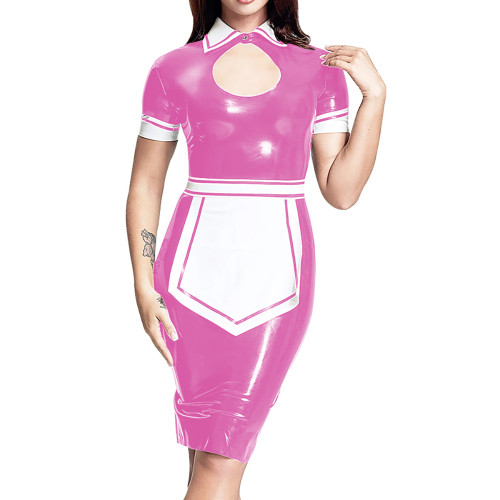 Elegant Bodycon Short Sleeve Wet PVC Leather Maid Outfit Party Cosplay Turn-down Collar Tight Knee-lenth Maid Dresses with Apron