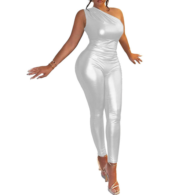 Sexy Stretch Women Skinny Sleeveless One Shoulder Jumpsuit Female Shiny Metallic Bodycon Playsuits Party Club Playsuit Cosplay