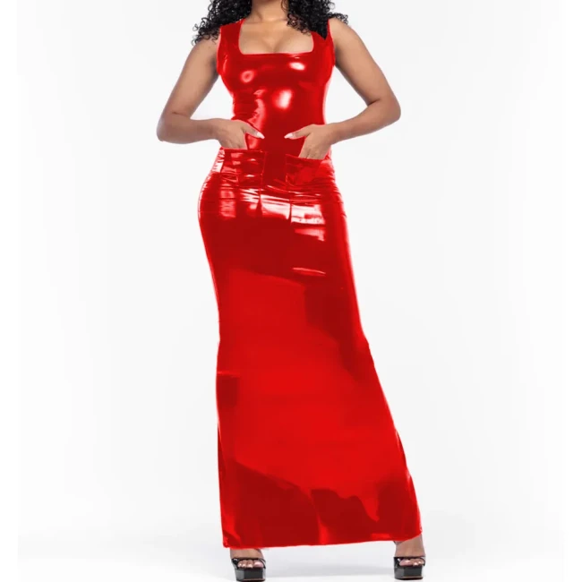 Sexy Square Collar Sleeveless Shiny PVC Leather Maxi Dress Womens Pockets Slim Slit Back Long Pencil Dresses Female Party Robe