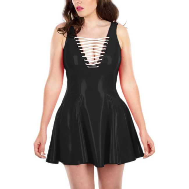 Sexy Lace-up Hollow Out Shiny PVC Leather A-line Dress Womens  V-neck Sleeveless Mini Flared Dresses Nightclub Wetlook Costumes
