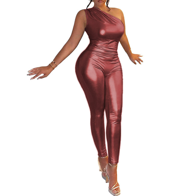 Sexy Stretch Women Skinny Sleeveless One Shoulder Jumpsuit Female Shiny Metallic Bodycon Playsuits Party Club Playsuit Cosplay