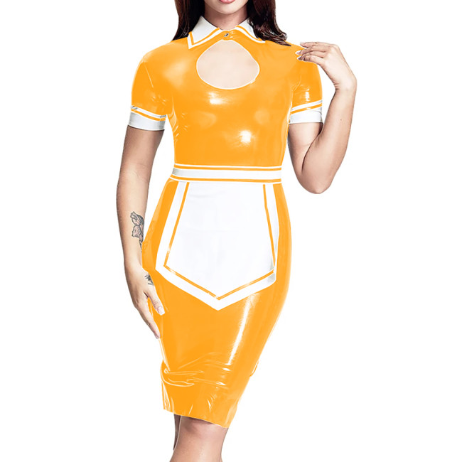 Elegant Bodycon Short Sleeve Wet PVC Leather Maid Outfit Party Cosplay Turn-down Collar Tight Knee-lenth Maid Dresses with Apron