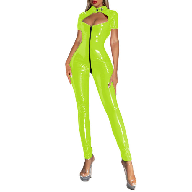 Women's Sexy Vinyl Long Sleeve PVC Leather Jumpsuit Exotic Lingerie Zipper Crotch Party Cosplay Bodysuit Sexy Catsuit Clubwear
