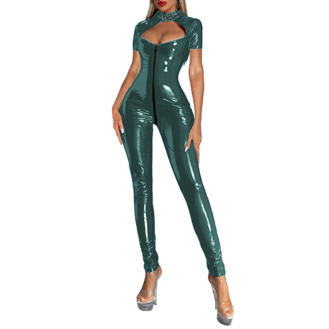 Women's Sexy Vinyl Long Sleeve PVC Leather Jumpsuit Exotic Lingerie Zipper Crotch Party Cosplay Bodysuit Sexy Catsuit Clubwear