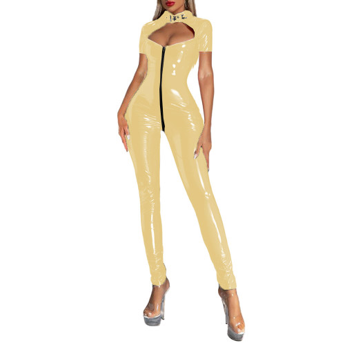 Women's Sexy Vinyl Long Sleeve PVC Leather Jumpsuit Exotic Lingerie Zipper Crotch Party Cosplay Bodysuit Sexy Catsuit Clubwear