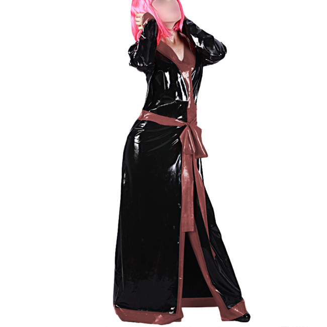 Women Wet PVC Leather Long Jacket Fashion Patchwork V-neck Trench Coat Raves Party Show Outerwear with Belt Exotic Sleepwear 7XL