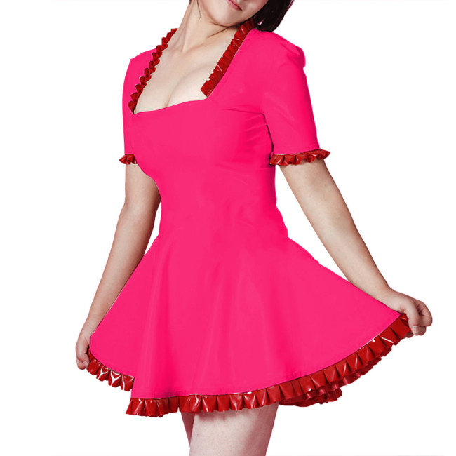 Ruffles Short Sleeve A-line Pleated PVC Mini Dress for Women Smoothing Faux Leather Square Collar Flared Dress Party Club Outfit