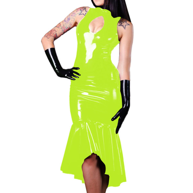 Cocktail Party Hollow Chest Sleeveless Midi Dress Vinyl PVC Leather Slim Solid Color Mermaid Dress Female Shiny Wetlook Clothing
