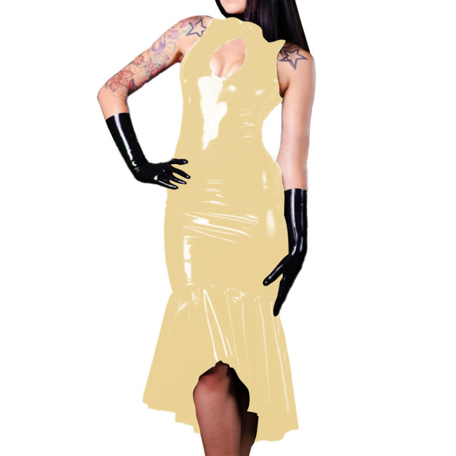 Cocktail Party Hollow Chest Sleeveless Midi Dress Vinyl PVC Leather Slim Solid Color Mermaid Dress Female Shiny Wetlook Clothing