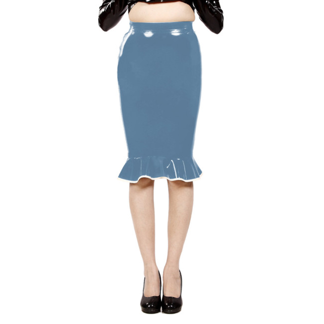 Sexy Party Knee-length Hobble Skirts Women Shiny PVC Leather Ruffles Mermaid Skirts Ladies Stretchy High Waist Club Skirts 7XL