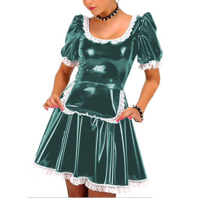 Naughty U-neck Short Sleeve French Maid Dress with Lace Trims Sissy Party Maid Cosplay Uniforms Shiny PVC Leather Maid Outfits