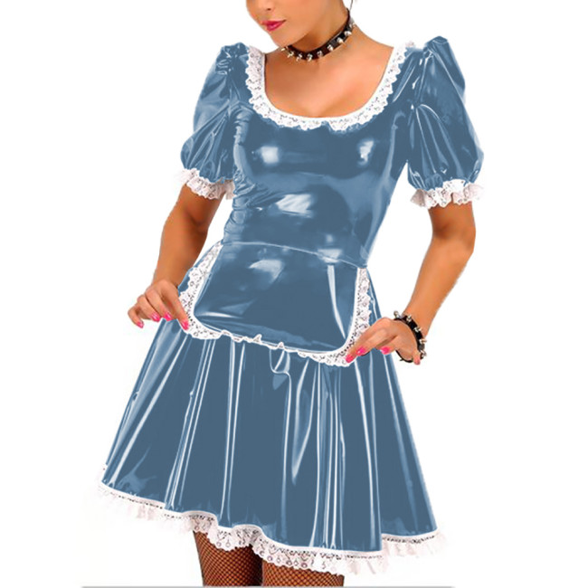 Naughty U-neck Short Sleeve French Maid Dress with Lace Trims Sissy Party Maid Cosplay Uniforms Shiny PVC Leather Maid Outfits