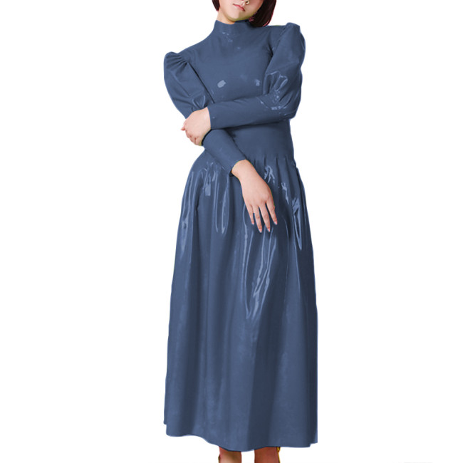 Ladies Long Sleeve Slim Party Long Dress Wetlook PVC Leather High Neck Flared Dress Womens Streetwear Cocktail Party Maxi Dress